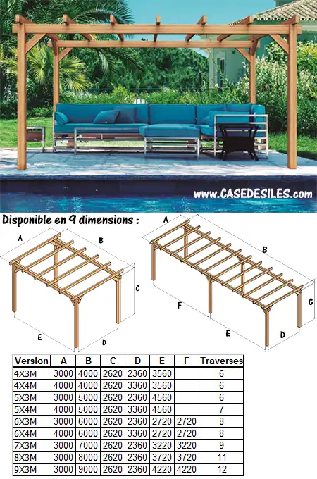 Abri de terrasse bois stratifié laminé de 4x3 à 9x3m