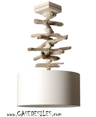 Lampe suspension galet bois flotté empilé blanc