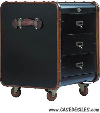 Malle à roulettes bois laiton cuir à 3 tiroirs MF160