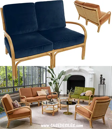 Canapé rotin naturel 2 places coussins velours bleu 460-2
