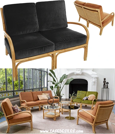 Canapé rotin naturel 2 places coussins velours marron 460-2