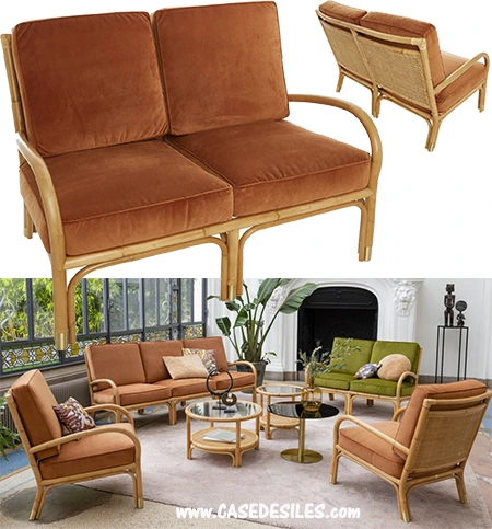 Canapé rotin 2 places avec coussins velours ocre 460-2