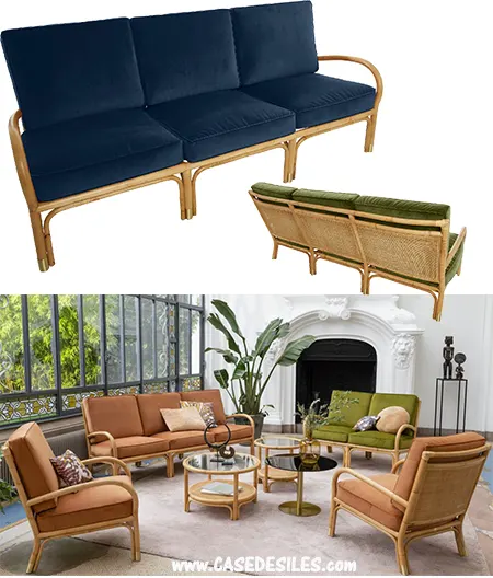 Canapé rotin naturel 3 places coussins velours vert 460-3