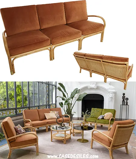 Canapé rotin naturel 3 places coussins velours ocre 460-3