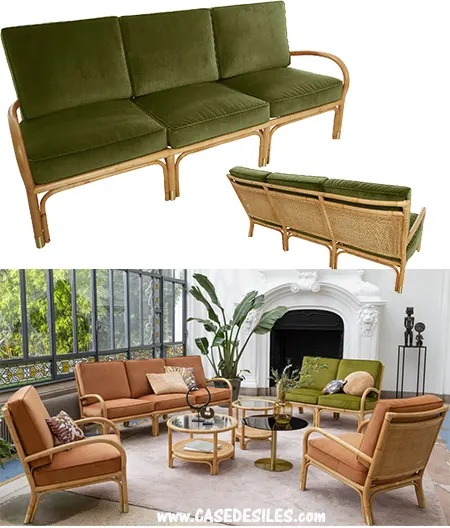 Canapé rotin naturel 3 places coussins velours vert 460-3