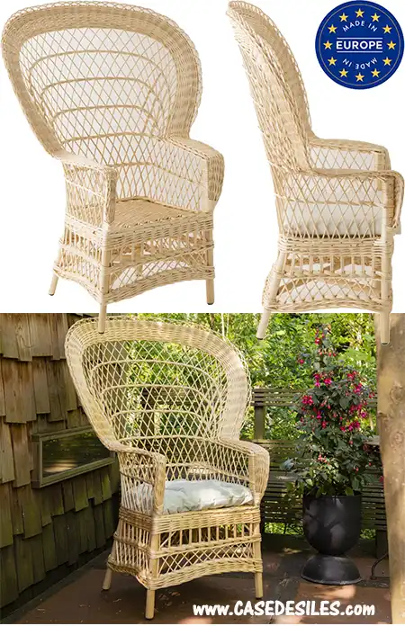 Fauteuil osier blanc artisanal grand dossier éventail 006