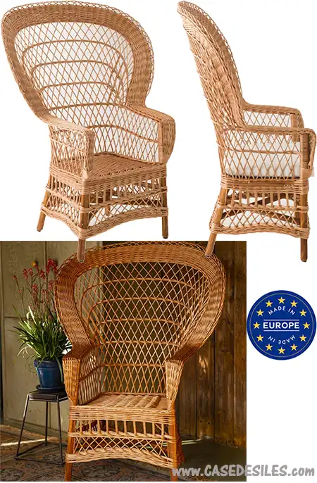 Fauteuil osier cuivré artisanal grand dossier éventail 007