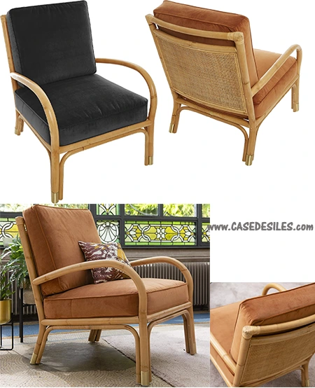 Fauteuil rotin naturel avec coussins velours couleur marron 460
