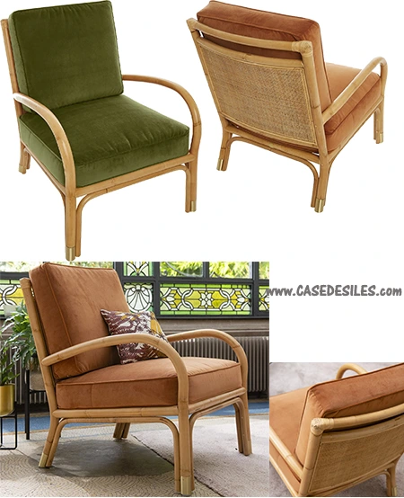 Fauteuil rotin naturel avec coussins velours couleur vert 460