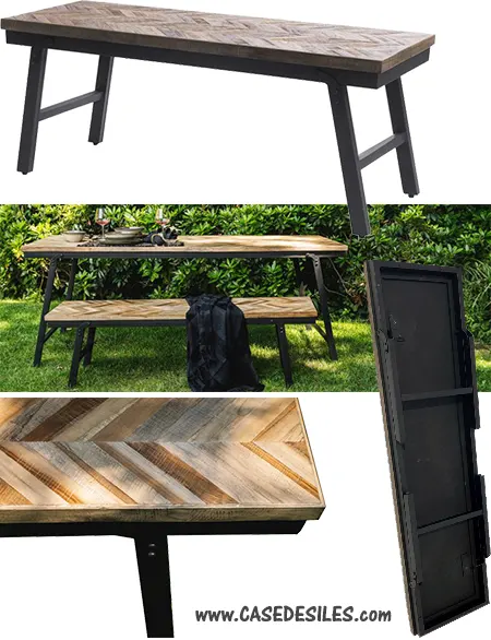 banc pliant teck recyclé structure acier 110cm motif chevrons