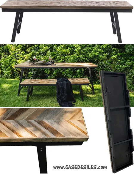 Banc teck recyclé pliant structure acier 150cm motif chevrons