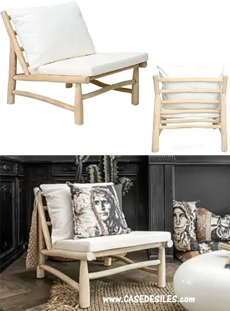 Canape rondins teck recyclé naturel avec coussins 1 place