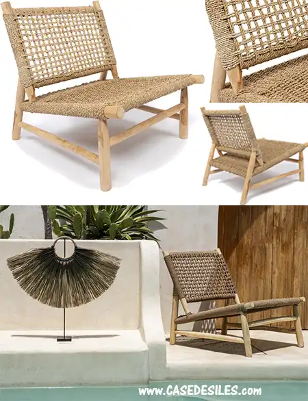 Chaise relax rondins en teck naturel recyclé et sisal tissé