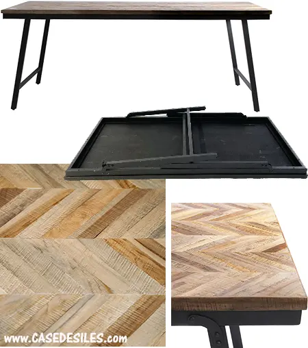 Table console pliante teck recyclé chevron structure métal 170cm