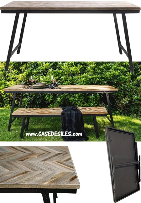 Table repas pliante teck recyclé chevrons structure acier 160cm