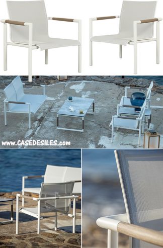 Fauteuils bas de jardin alu teck toile perforée empilables 6140