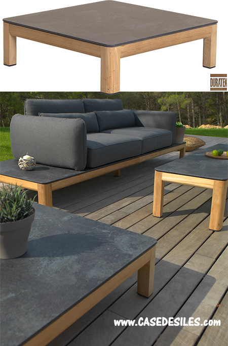 Table basse de jardin teck HPL ardoise 85x85cm 3302