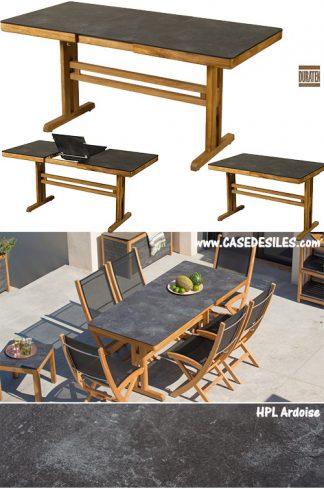 Table de jardin extensible teck HPL ardoise 120-160cm Tekura 2314