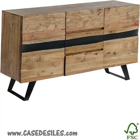 Bahut bois brut forme naturelle et acier 2 portes 3 tiroirs 3544