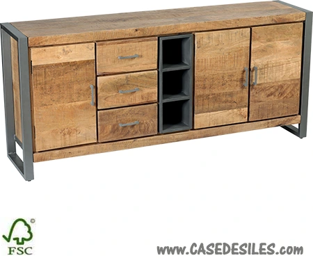 Bahut industriel acier bois 3 portes et tiroirs patiné 3481