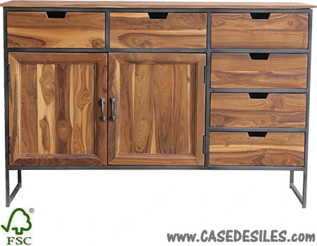 Bahut industriel acier bois teck 2 portes 6 tiroirs 3524