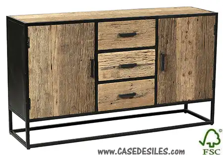 Bahut industriel acier teck recyclé 2 portes 3 tiroirs 1290
