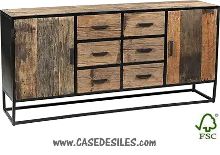 Bahut industriel acier teck recycle 2 portes 6 tiroirs 1922