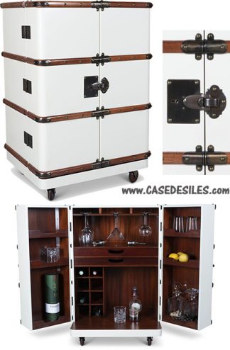 Bar coffre bois cuir bronze sur roulettes blanc MF114OW