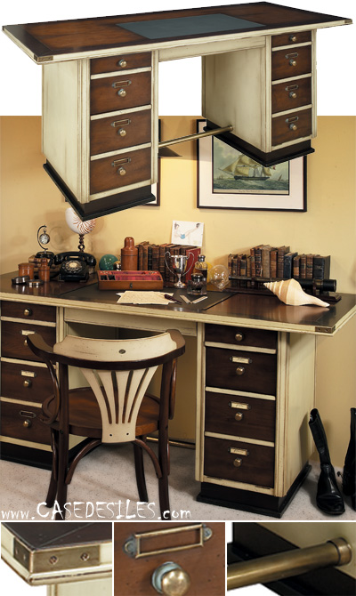 Bureau en bois laiton et cuir marine ivoire MF013