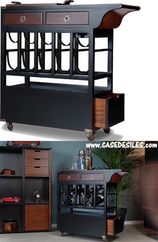 Chariot bar en bois multiples rangements roulettes MF163