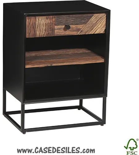 Chevet industriel acier et bois recyclé laqué noir satiné 3552