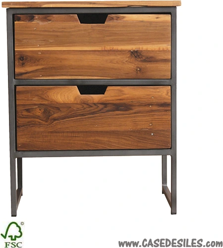 Chevet industriel acier bois teck massif 2 tiroirs 3522