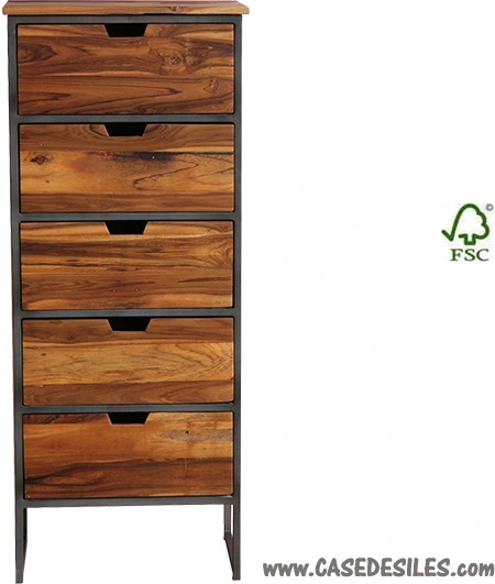 Chiffonnier industriel acier bois de teck massif 5 tiroirs 3521