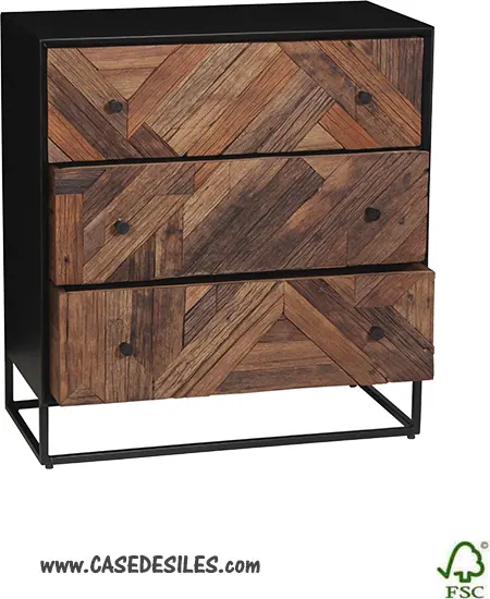 Commode industrielle bois recyclé acier 3 tiroirs 3550