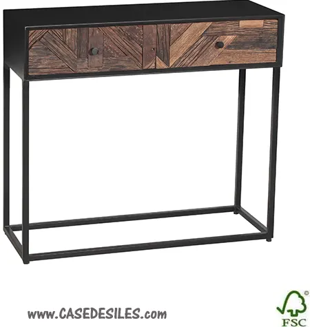 Console industrielle acier bois recycle 2 tiroirs 3556