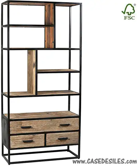 Étagère industrielle acier bois teck recyclé 3 tiroirs 1921