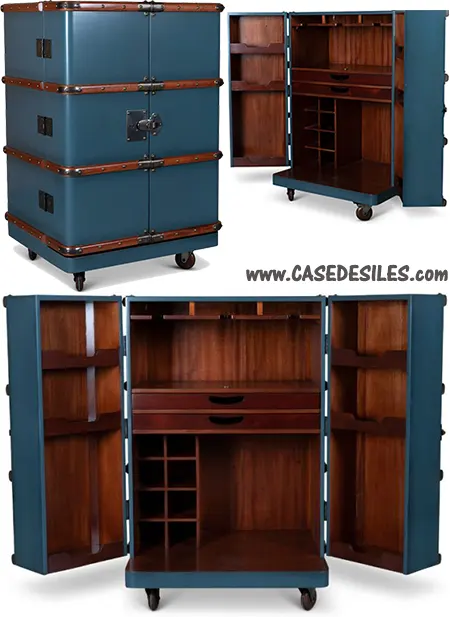 Malle bar de cabine bois cuir sur roulettes pétrole MF114P