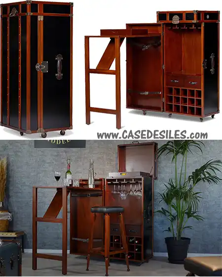 Malle coffre bar bois laiton cuir sur roulettes grand salon MF134