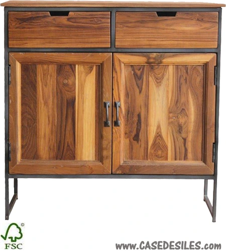 Meuble d'entrée industriel acier bois teck massif 3520