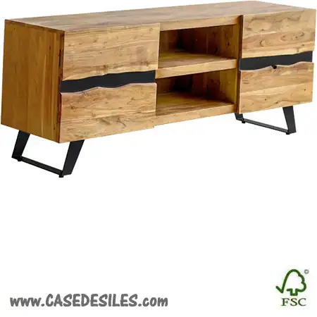 Meuble TV bois brut et acier L150cm 2 portes 2 niches 3543