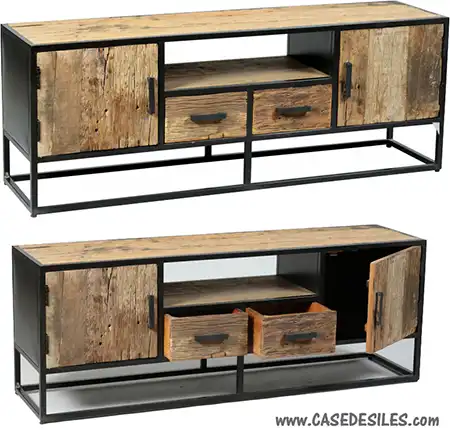 Meuble TV industriel acier teck recyclé 150cm 1924
