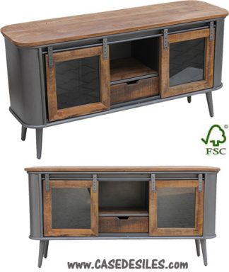 Meuble TV industriel bois métal portes coulissantes 3493