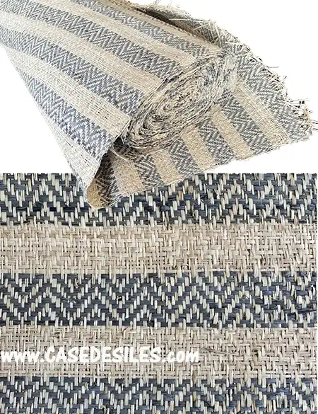 Tissage raphia bicolore à bandes natures et chevrons bleus 25m